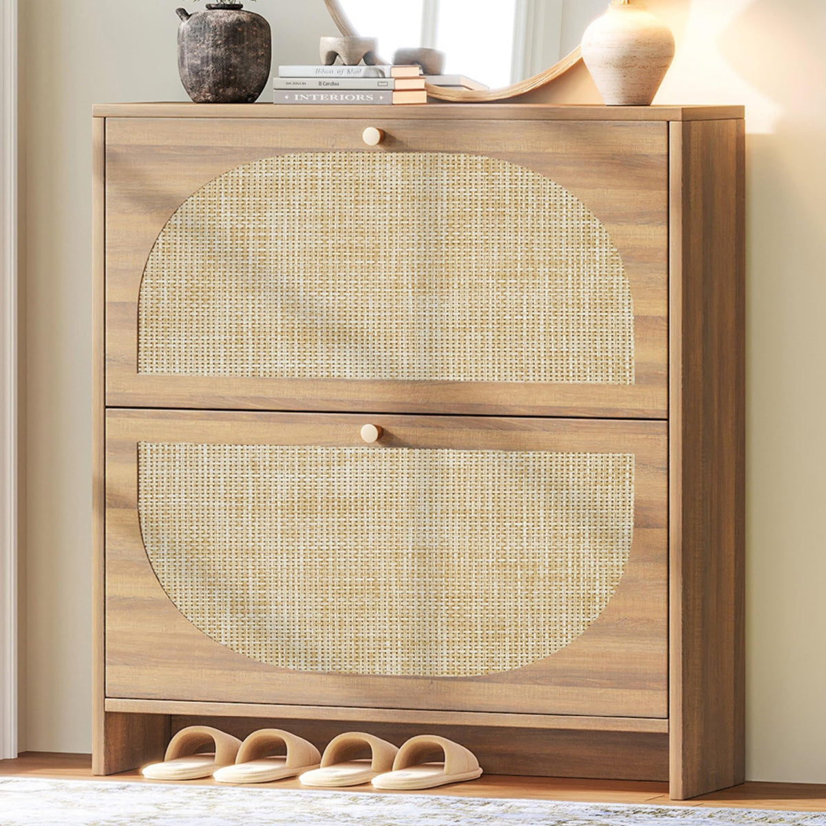Nicetree Rattan Arched Accent Shoe Storage Cabinet - Freestanding Ultra Slim for Entryway, 2 Flip