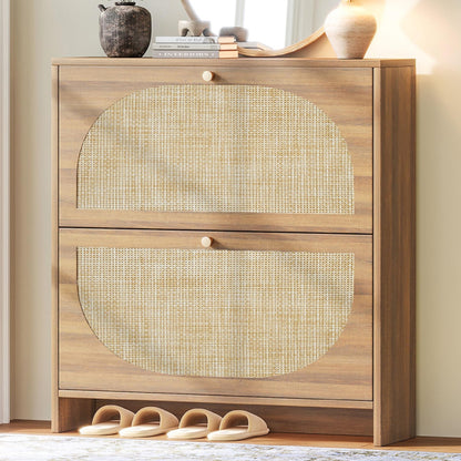 Nicetree Rattan Arched Accent Shoe Storage Cabinet - Freestanding Ultra Slim for Entryway, 2 Flip