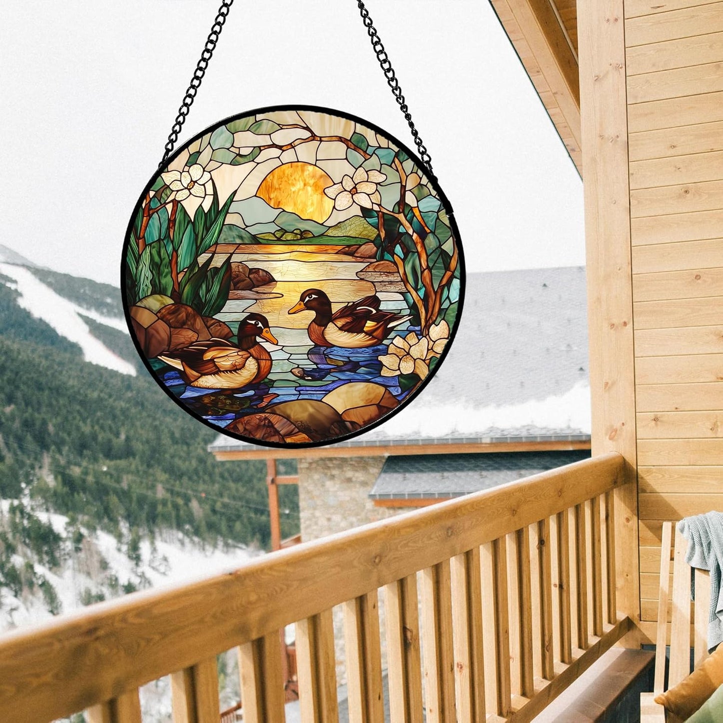 Stained Glass Window Hanging, Ducks in The Pond Sun Catcher for Door Home Decor Landscape Plant
