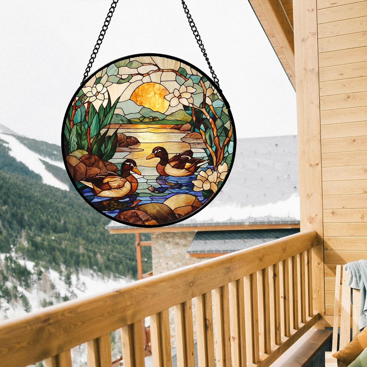 Stained Glass Window Hanging, Ducks in The Pond Sun Catcher for Door Home Decor Landscape Plant