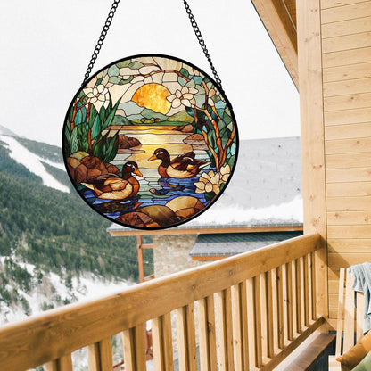 Stained Glass Window Hanging, Ducks in The Pond Sun Catcher for Door Home Decor Landscape Plant