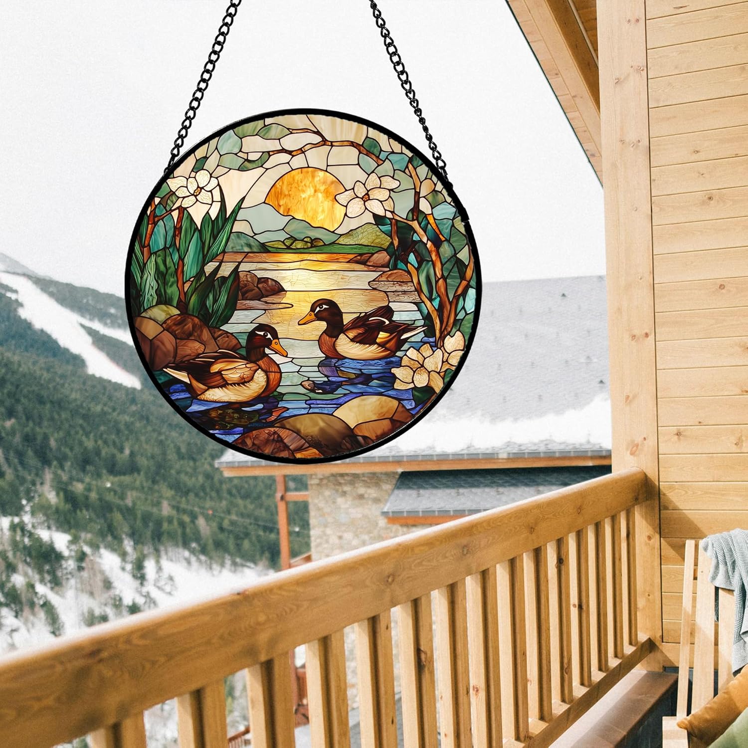 Stained Glass Window Hanging, Ducks in The Pond Sun Catcher for Door Home Decor Landscape Plant