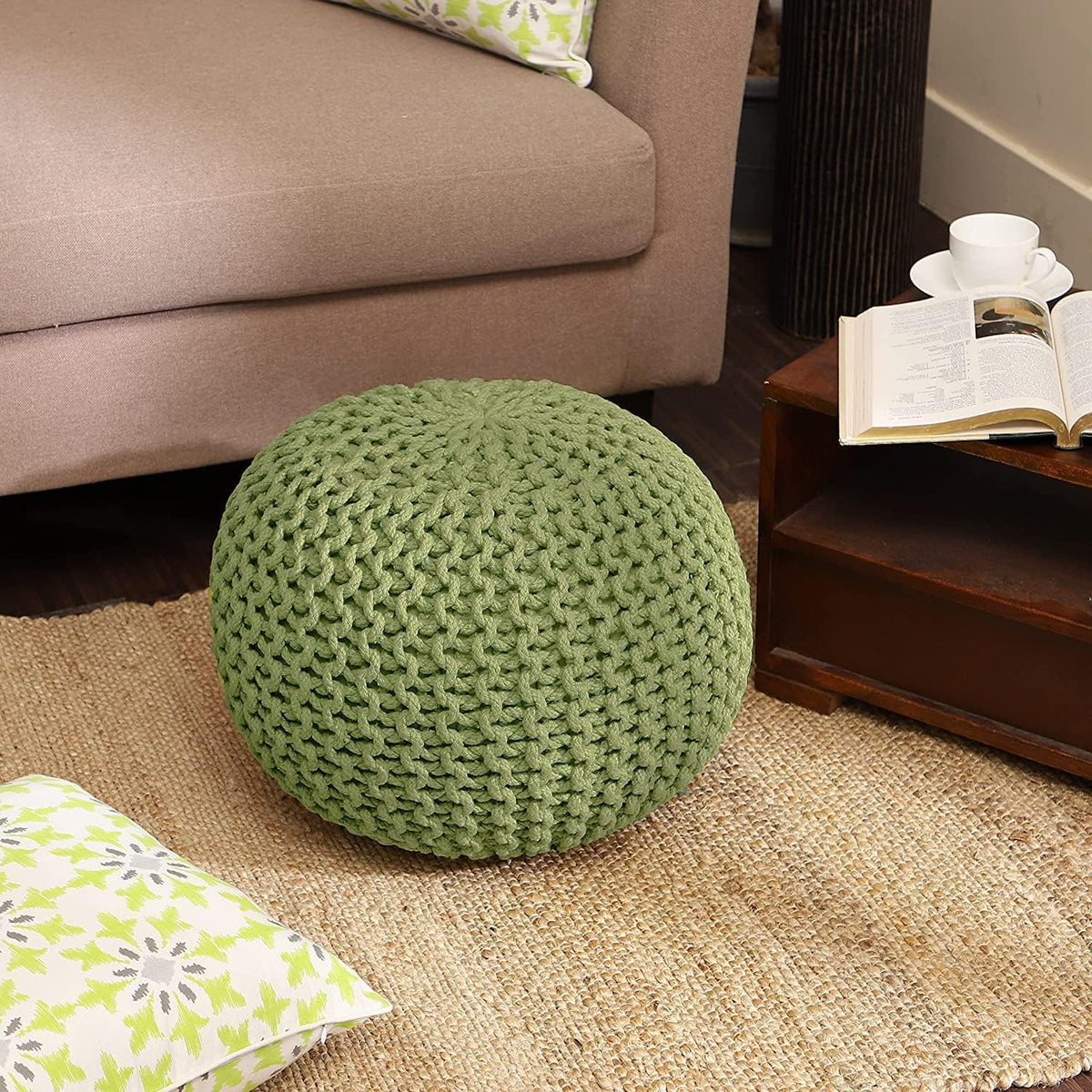 REDEARTH Round Pouf Foot Stool Ottoman - Cotton Knitted Cord Boho Pouffe - Cable Poof Filled