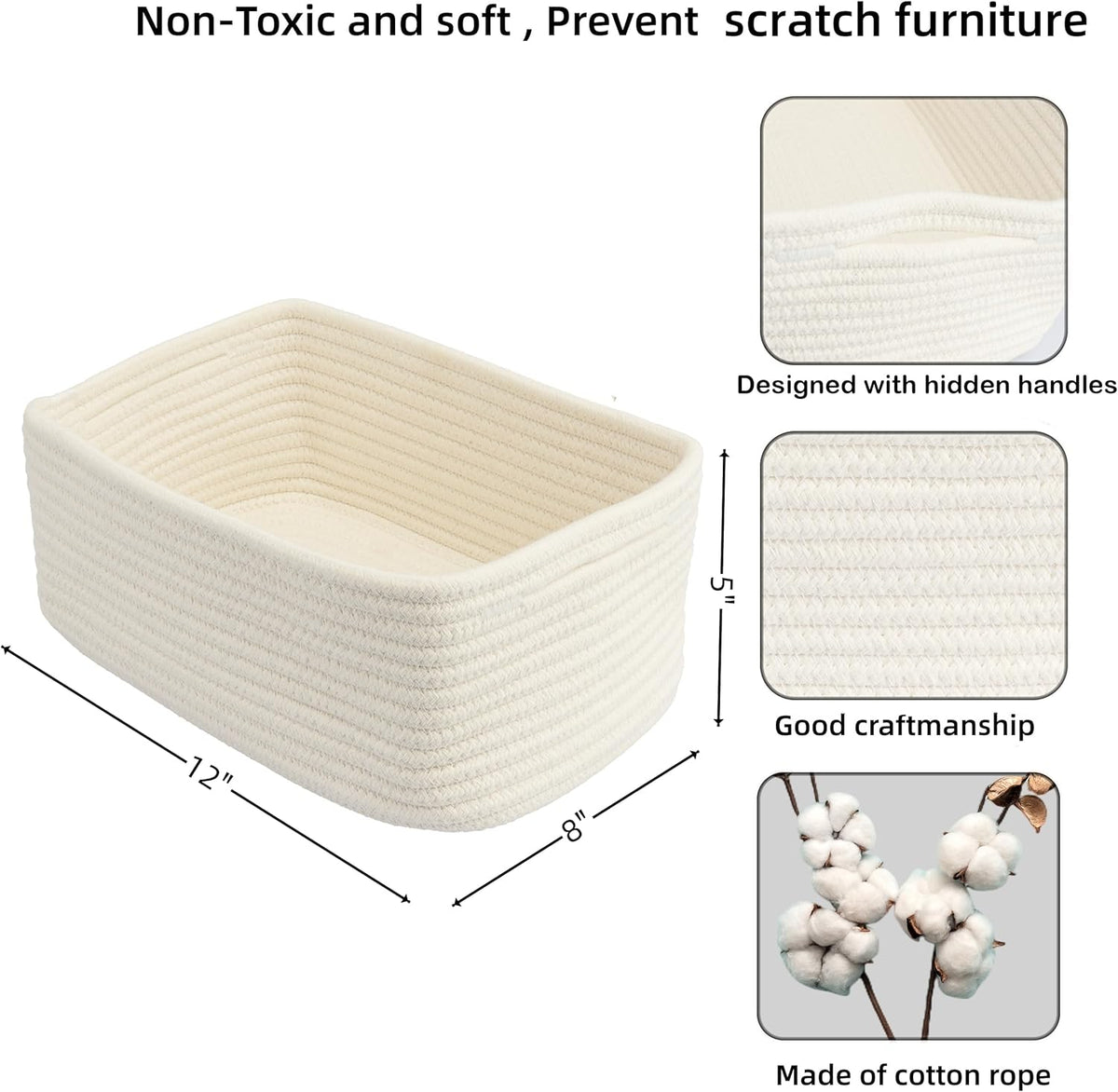 Small Woven Storage Baskets 12“X8”X5“ Decorative Rope Bins for Organizing Shelves, Closets, and