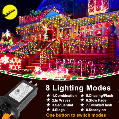 KNONEW 99ft 1216 LED Christmas Lights Outdoor 8 Modes Curtain Fairy String Light with 228 Drops