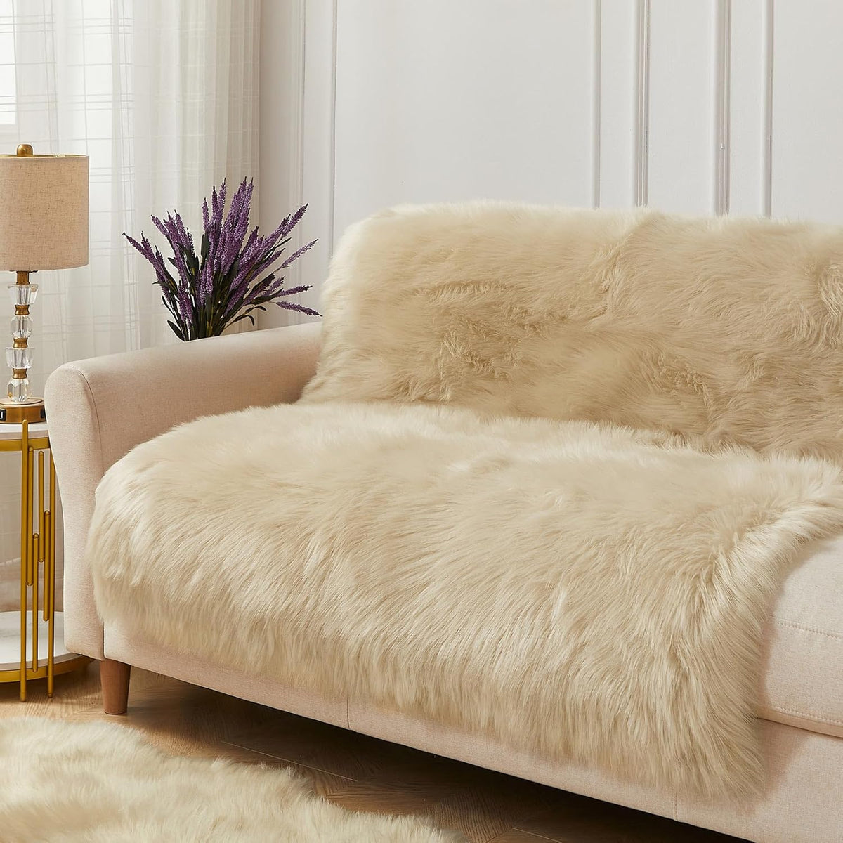 AMTOVO Faux Fur Sheepskin Rug for Living Room, 4 x 6 ft Beige Fluffy Area Rug for Bedroom