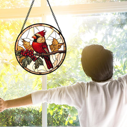 Stained Glass Window Hanging, Birds on a Branch Cardinal Sun Catchers Diamond Glass Panel Hangings