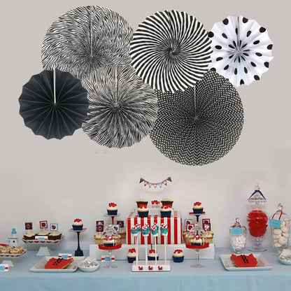 Party Hanging Paper Fans Set, Black Round Pattern Paper Garlands Decoration for Birthday Wedding