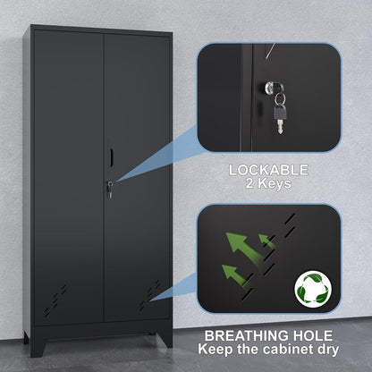 Metal Storage Cabinet with Locking Doors, 61" Tall Garage with Hanging Rod, Broom Closet