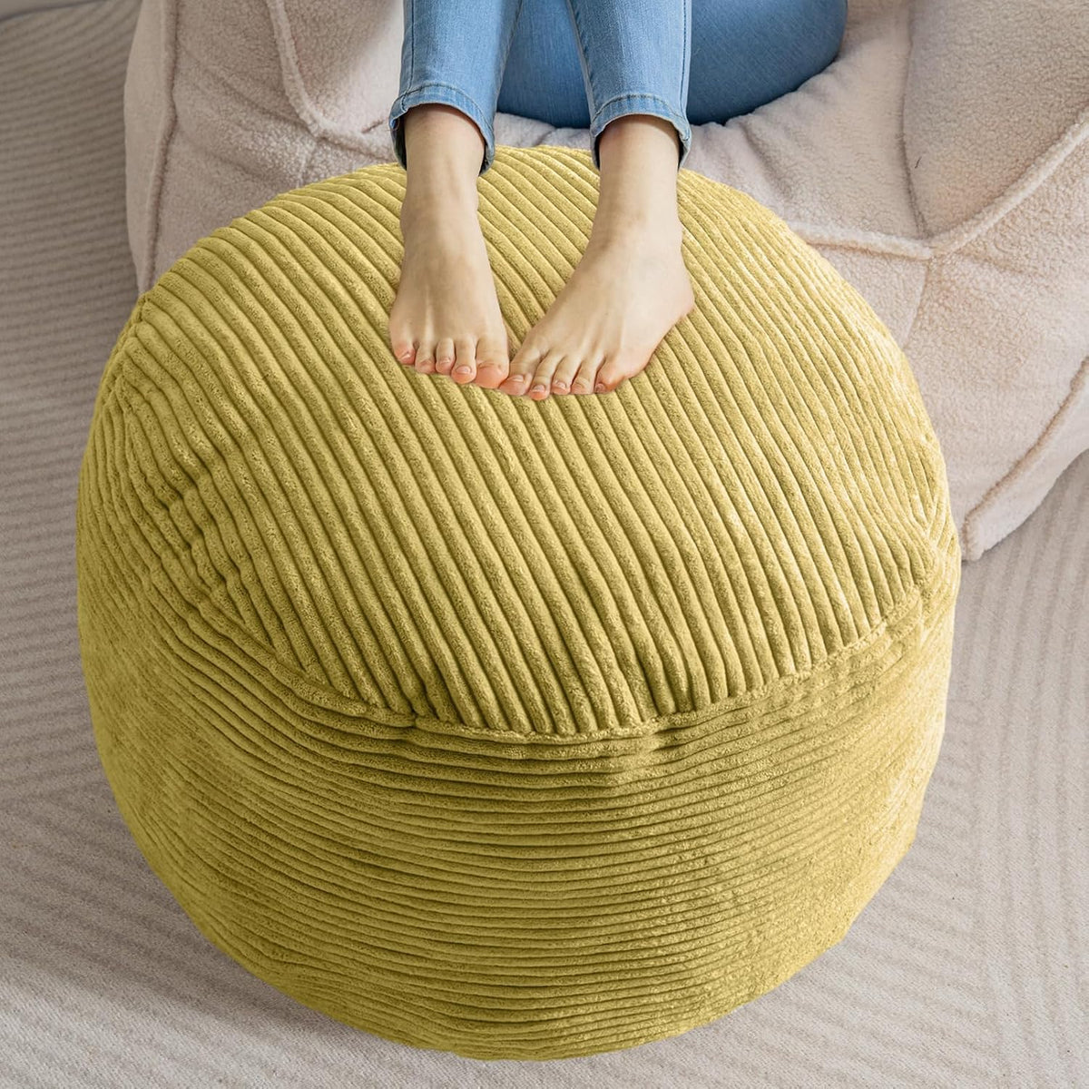 HIGOGOGO Round Stuffed Pouf Ottoman, Corduroy Poufs with Foam Chunk Filling, Furry and Fluffy Pouf