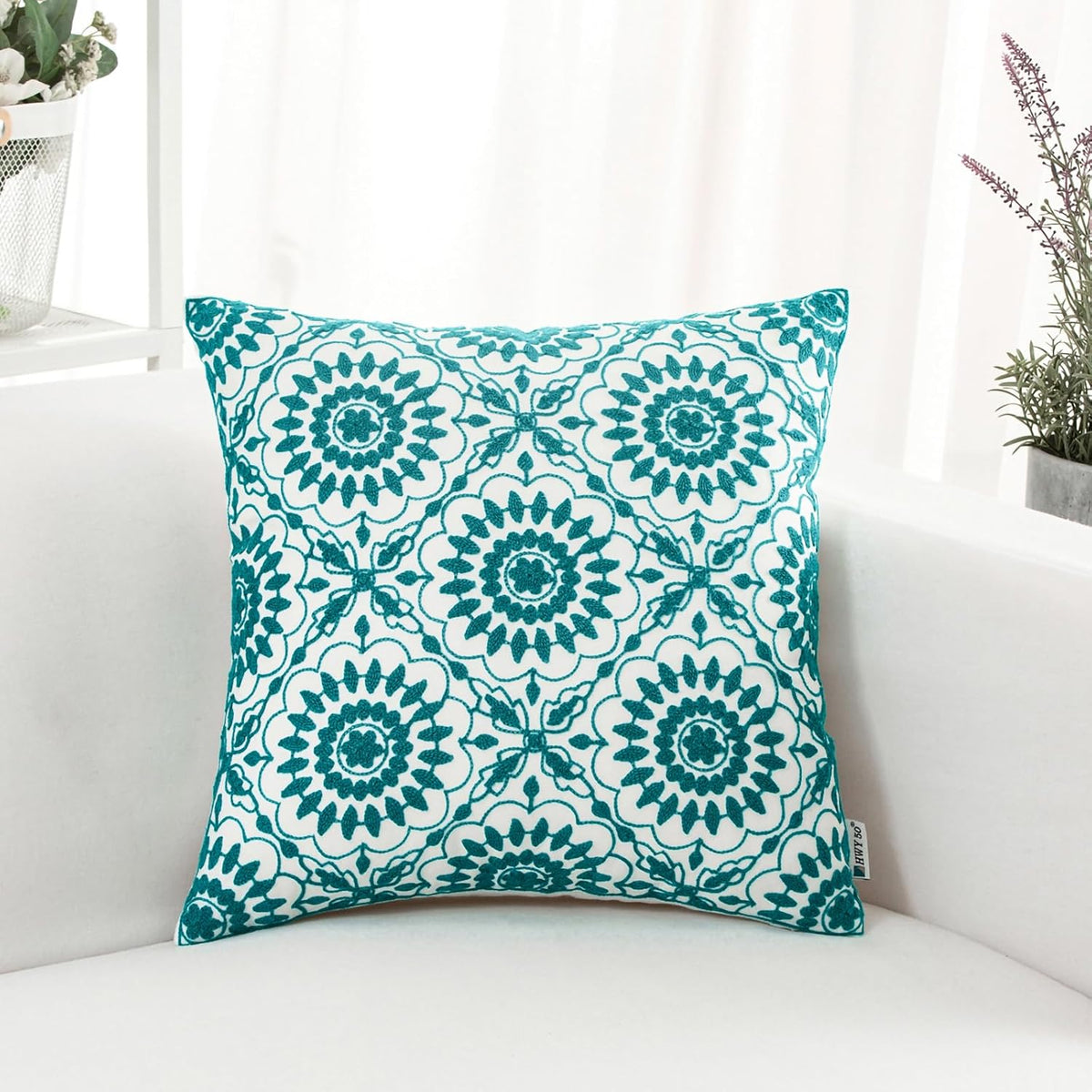 HWY 50 Teal Decorative Throw Pillow Covers 18x18 Inch (1 Piece), Embroidered Cotton Farmhouse
