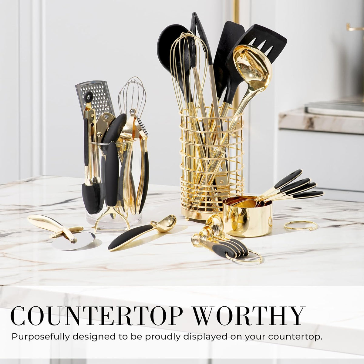 Black and Gold Kitchen Utensils Set - 23-Piece Luxury Kitchen Accessories Includes Gold Measuring