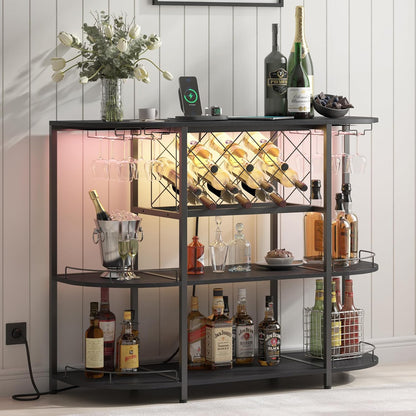Wine Cabinet Coffee Table with Power Socket and LED Light, Three Tiers Coffee Bar Table Wine Rack