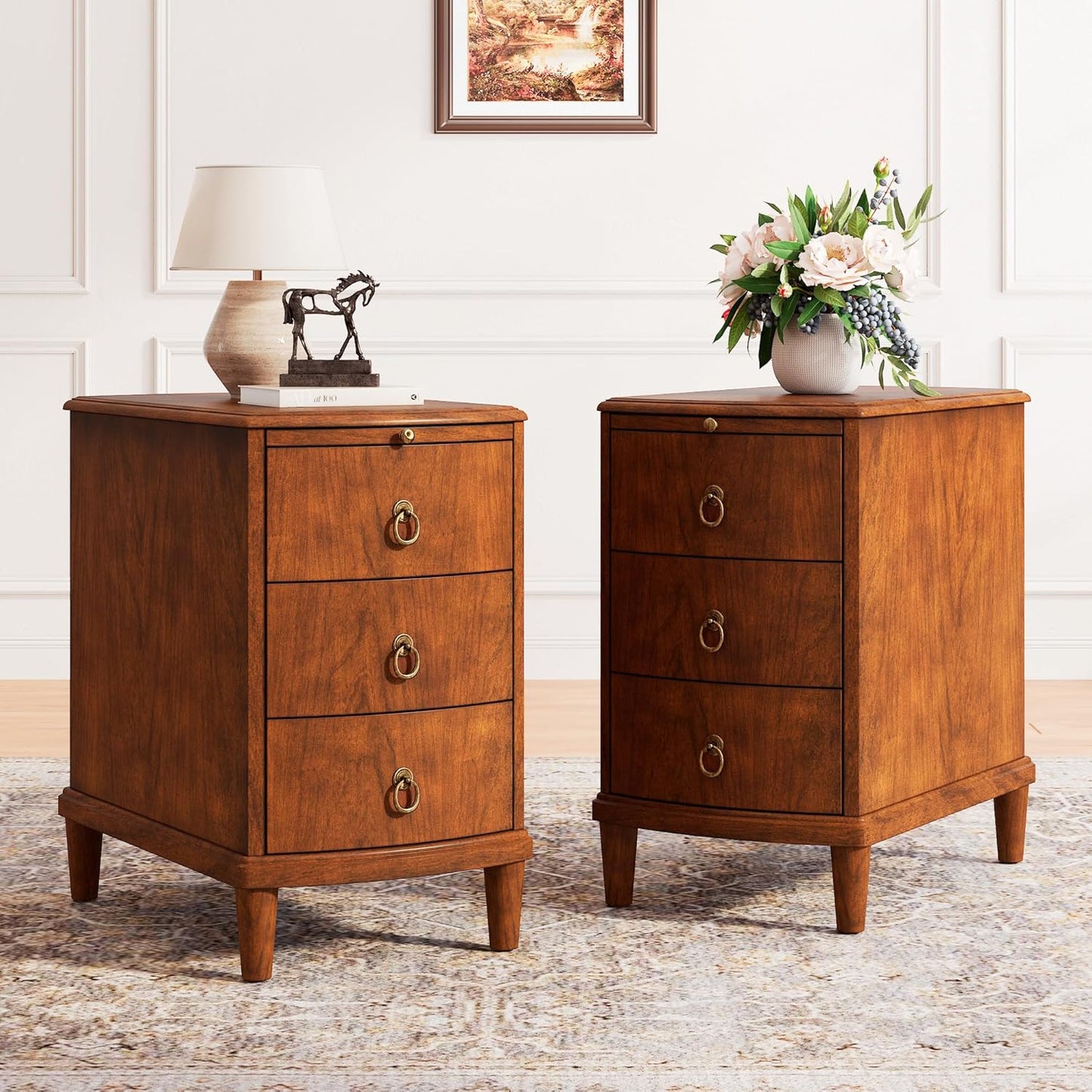 Set of 2 Solid Wood End Table with 3 Drawers, Fully Assembled Nightstand with Sliding Shelf