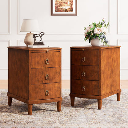 Set of 2 Solid Wood End Table with 3 Drawers, Fully Assembled Nightstand with Sliding Shelf