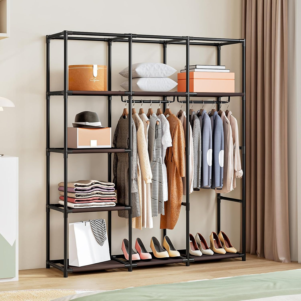 SORCEDAS Portable Wardrobe Closet Storage Organizer Metal Hanging Rack Non-Woven Fabric (Coffee, 51