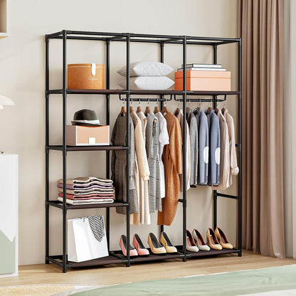 SORCEDAS Portable Wardrobe Closet Storage Organizer Metal Hanging Rack Non-Woven Fabric (Coffee, 51