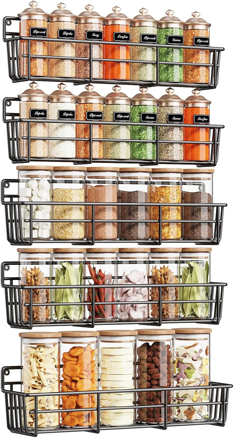 5 Pack Spice Rack Seasoning Organizer Wall Mount, Screw or Adhesive Hanging Shelf Basket Spice