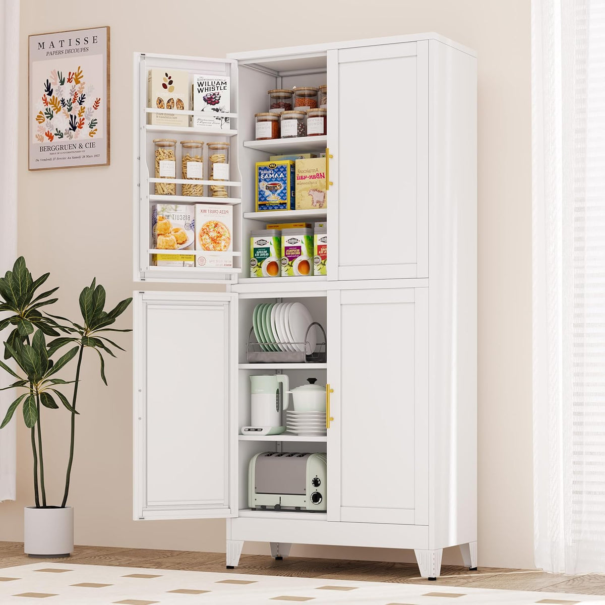 74.8" Tall Metal Food Cabinet, White Kitchen Pantry Cabinet, Storage Cabinets with 4 Door and 4