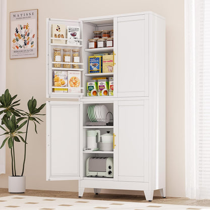 74.8" Tall Metal Food Cabinet, White Kitchen Pantry Cabinet, Storage Cabinets with 4 Door and 4