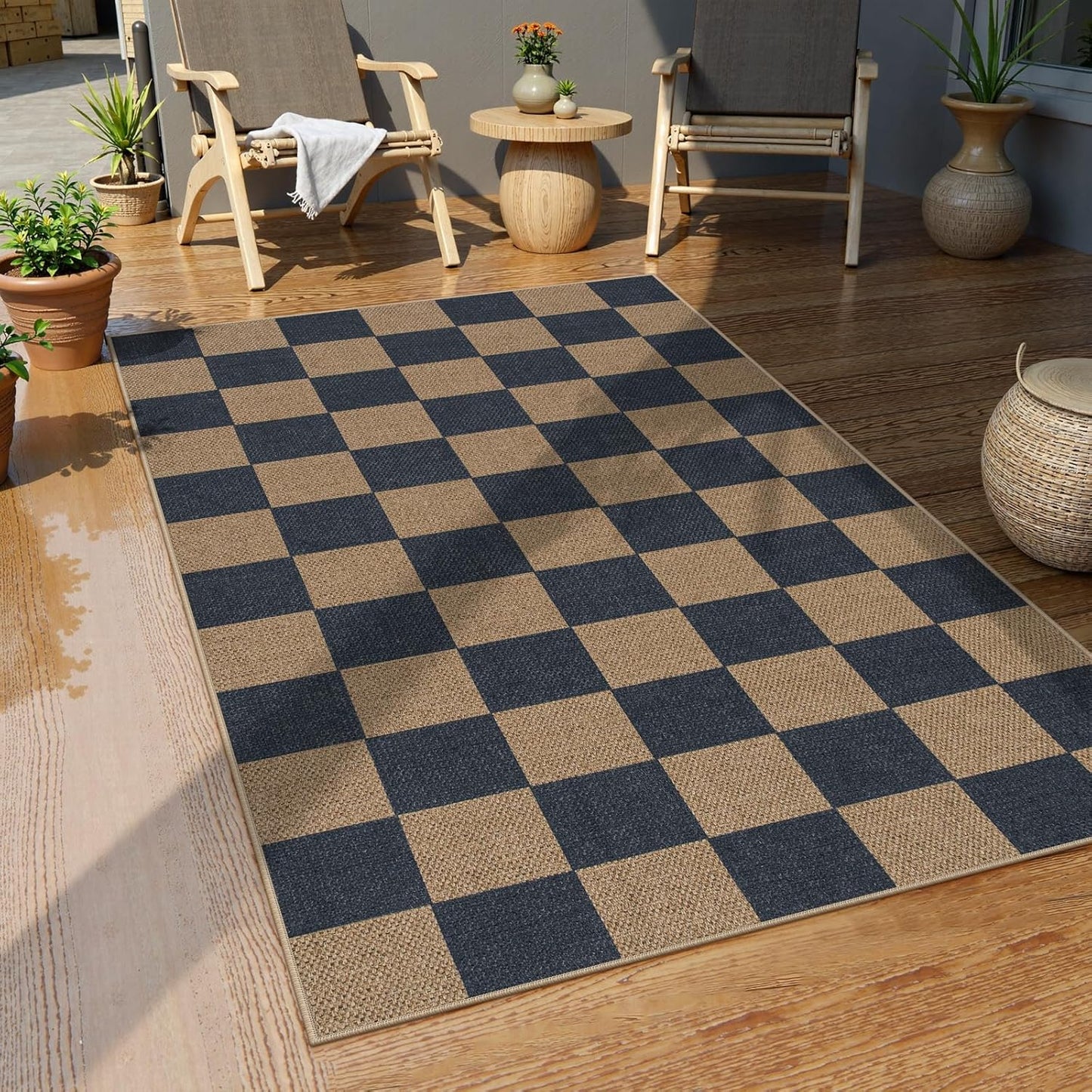 Lahome Checkered Easy Jute Indoor Outdoor Carpet, 3x5 Washable Rugs for Entryway Living Room