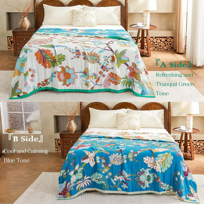 Summer Throw Blanket, 90"x98" Reversible Bohemian Flower Blanket, 100% Cotton Muslin Breathable
