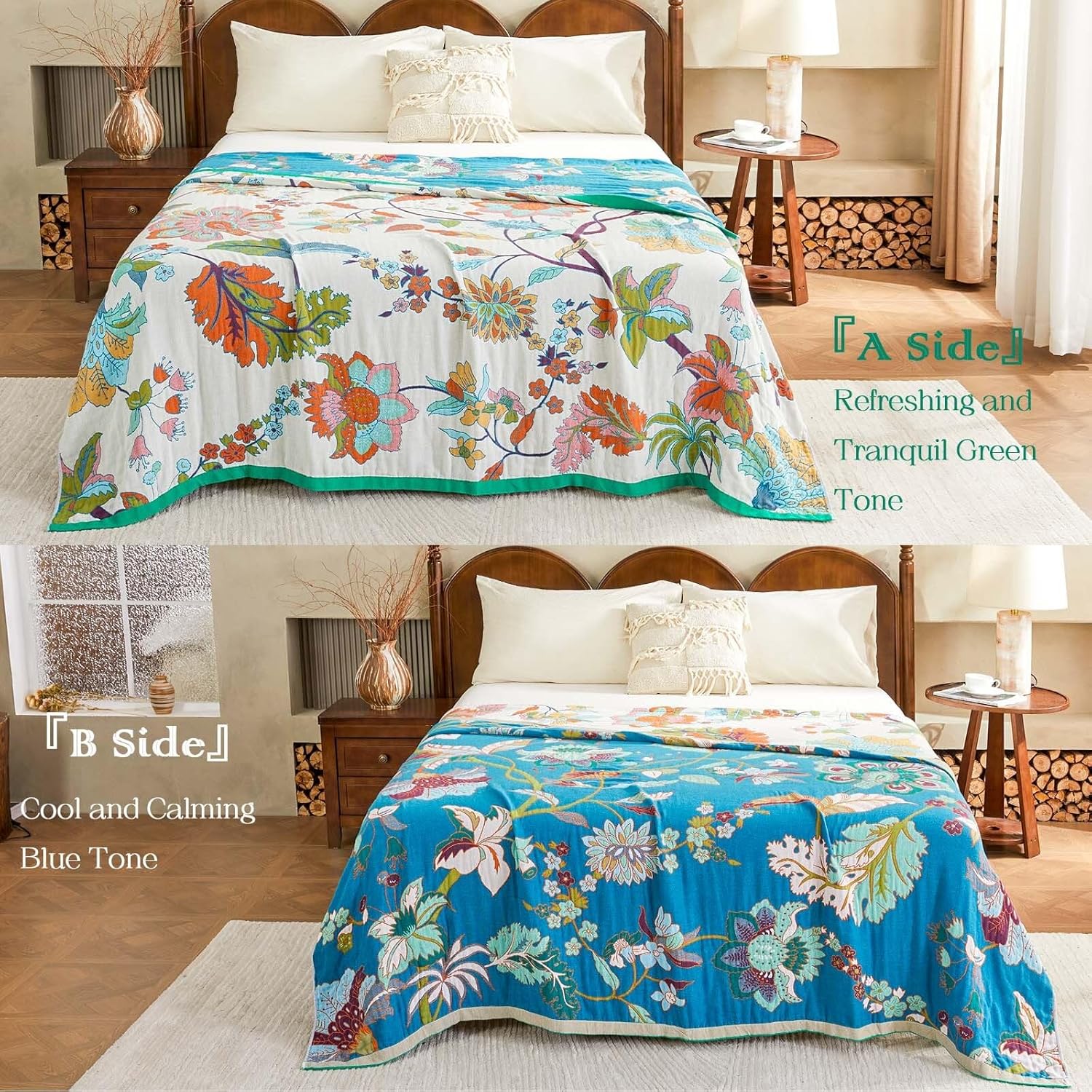 Summer Throw Blanket, 50"x60" Reversible Bohemian Flower Blanket, 100% Cotton Muslin Breathable