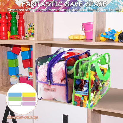 6 Colors Large Toy Storage Bags with Labels, Reusable Clear PVC Board Game Storage, Travel