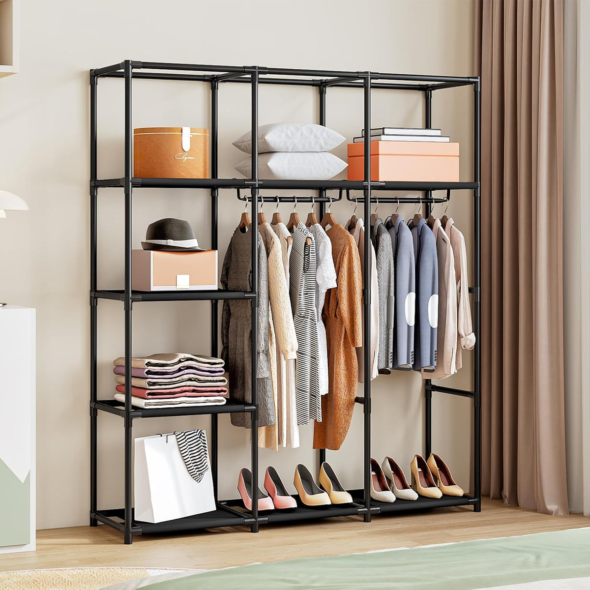 SORCEDAS Portable Wardrobe Closet Storage Organizer Metal Hanging Rack Non-Woven Fabric (Black, 51