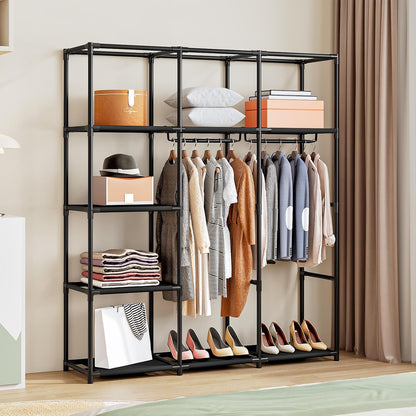 SORCEDAS Portable Wardrobe Closet Storage Organizer Metal Hanging Rack Non-Woven Fabric (Black, 51