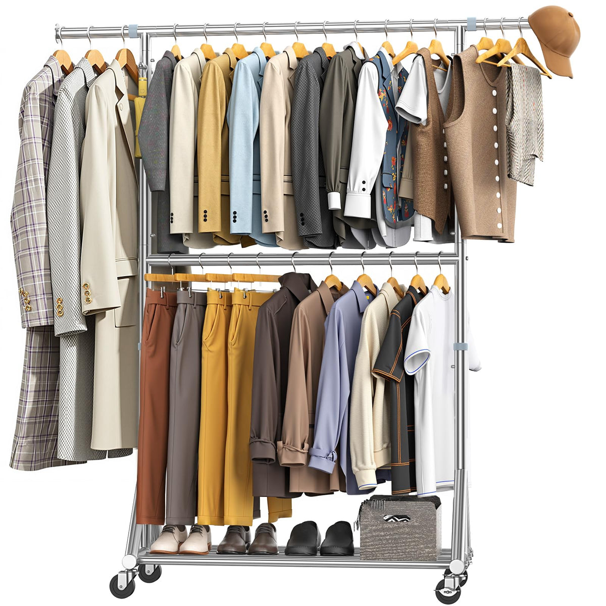 Steel Heavy Duty Tall Clothes Rack Load 860LBS, 73-81"H x 17"D x 42-63"W, Adjustable Two Tier