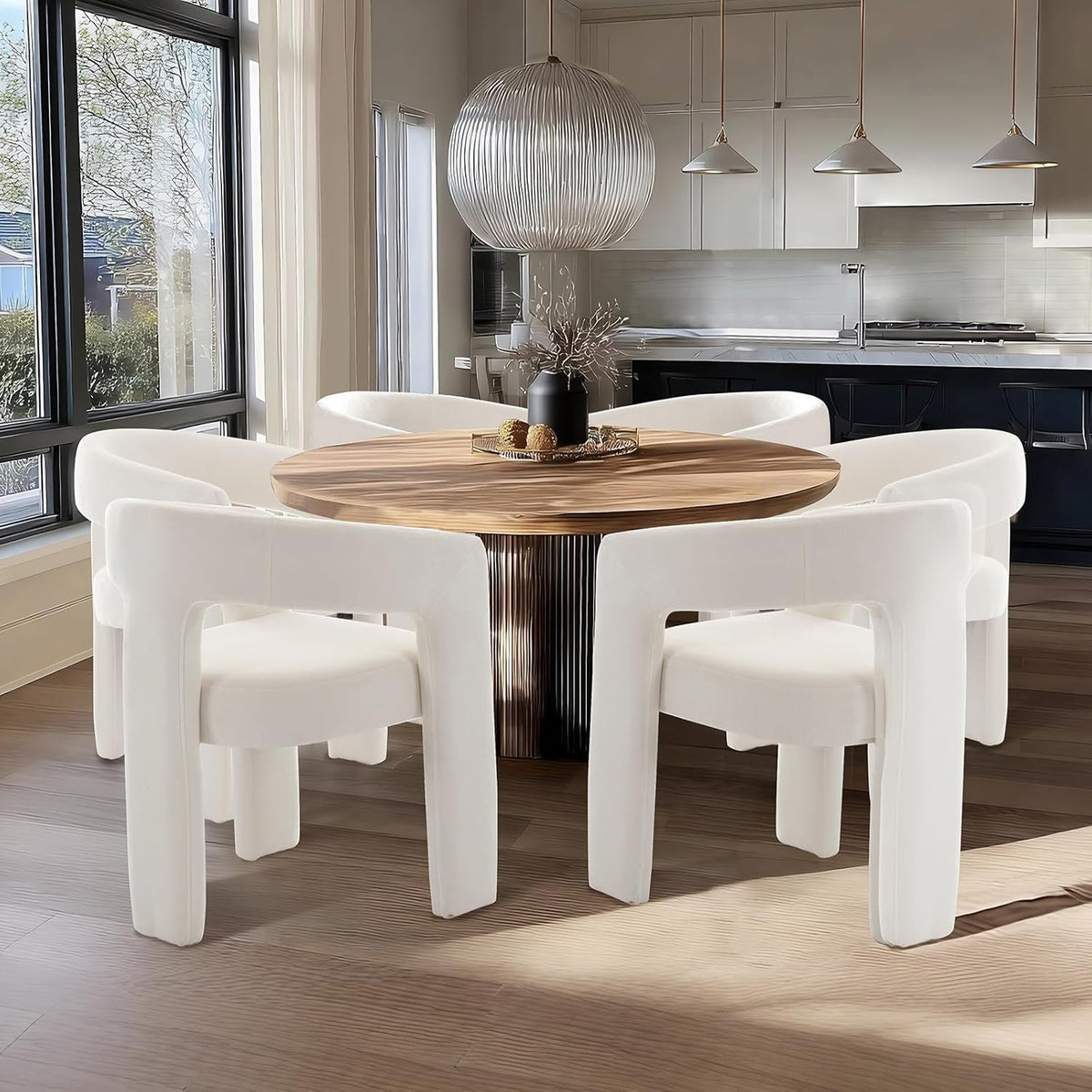 White Chenille Dining Chairs Set of 6, Modern Barrel Dining Room Chairs Upholstered Accent Chair