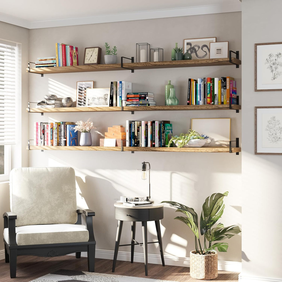 Wallniture Toledo 84 inch Floating Shelf with Heavy Duty Bookend Brackets, Wooden Shelves for Wall