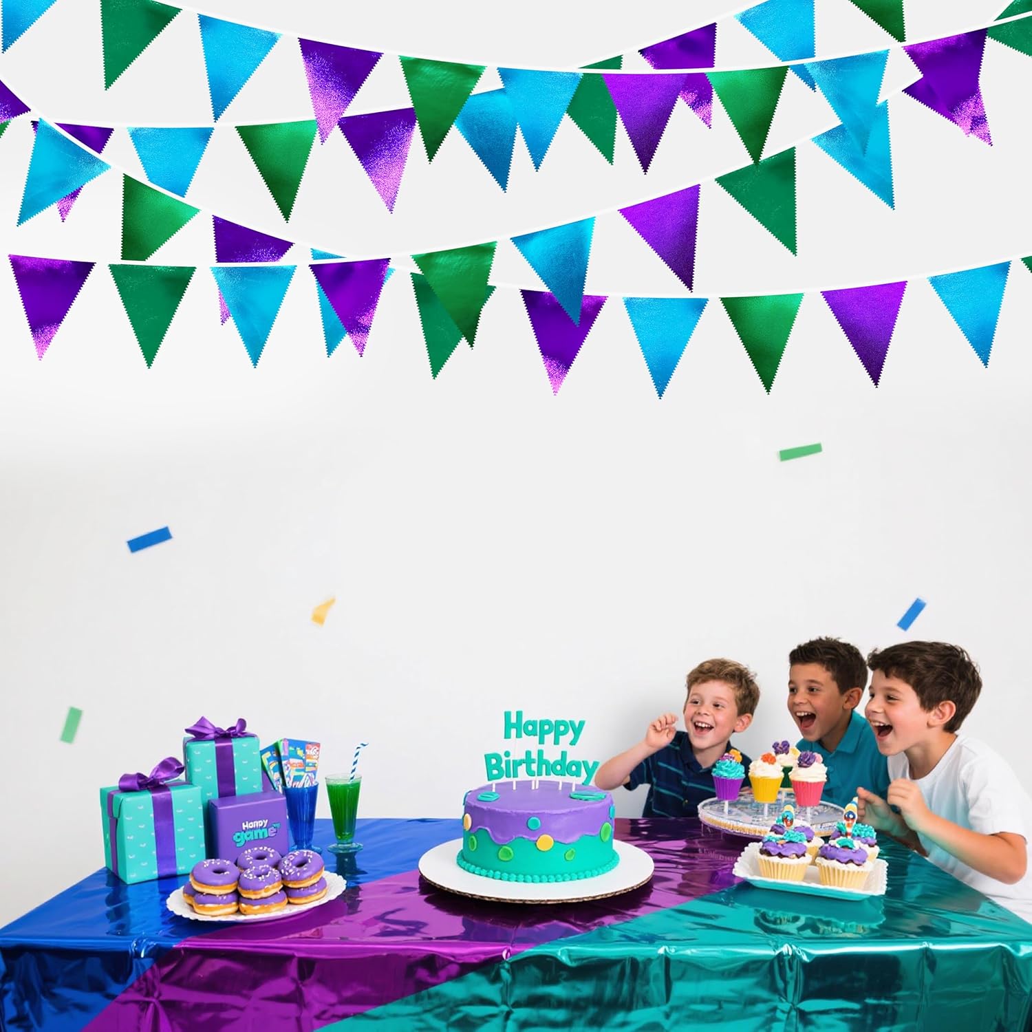 Blue Green Purple Party Decorations Metallic Fabric Triangle Pennant Banner Flag Bunting for Men