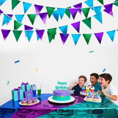 Blue Green Purple Party Decorations Metallic Fabric Triangle Pennant Banner Flag Bunting for Men