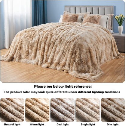 GONAAP Fuzzy Faux Fur Throw Blanket Queen Size Tie-dye Beige Super Soft Cozy Plush Fuzzy Shaggy