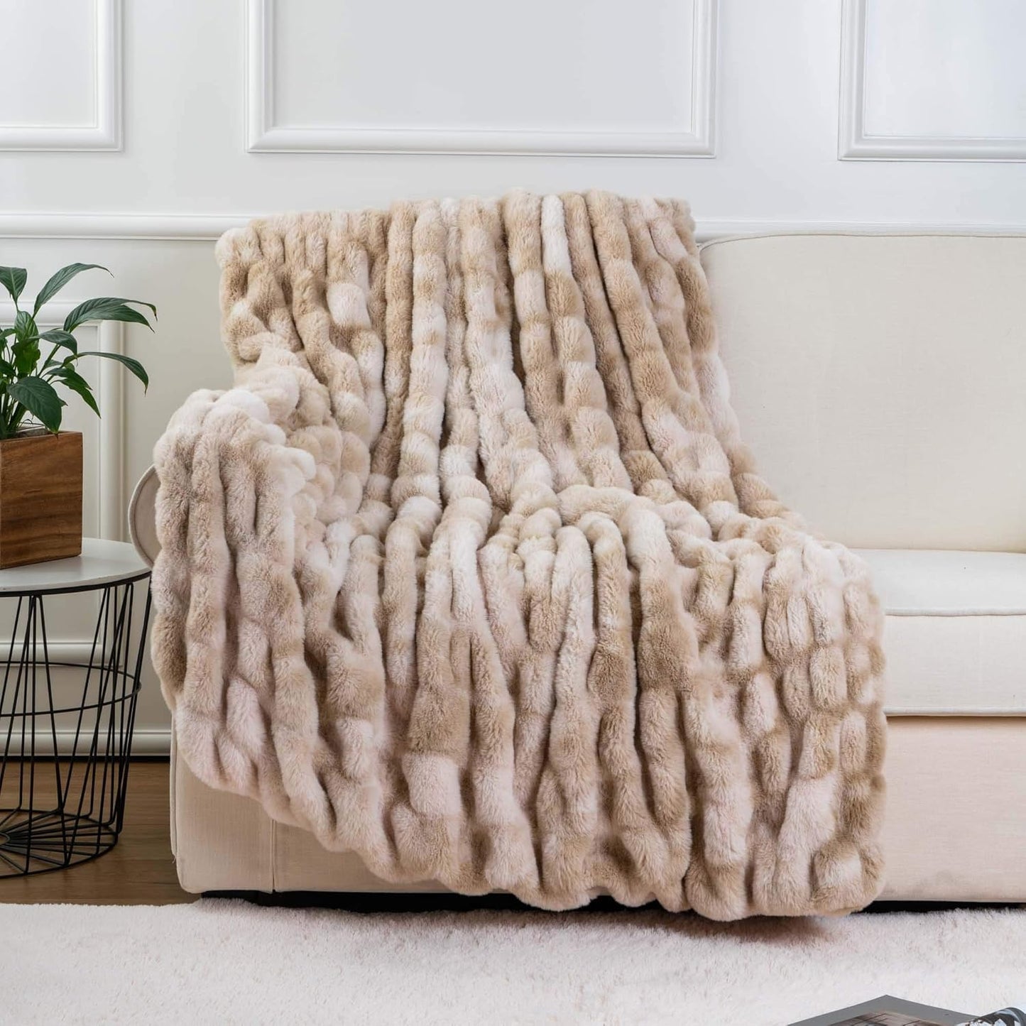 BATTILO HOME Ruched Luxury Faux Fur Throw Blanket Beige Tie-dye Rabbit Fur Blanket for Couch