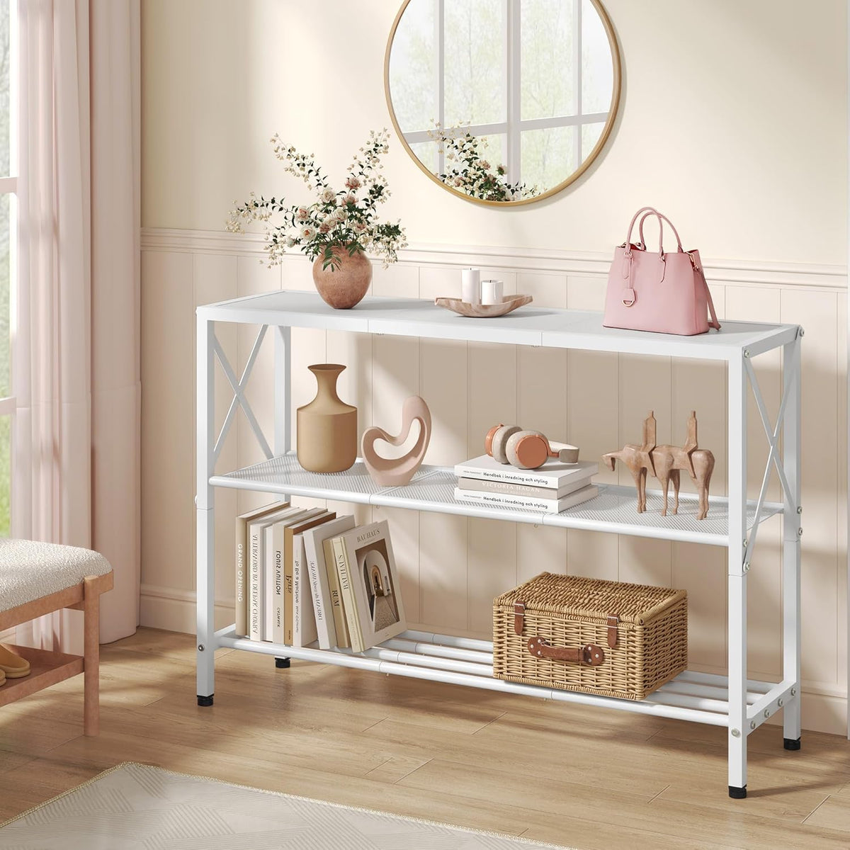 Hoctieon White Industrial Console Table, 3 Tier Entryway Tables, Hallway Desk, Narrow Sofa Tables