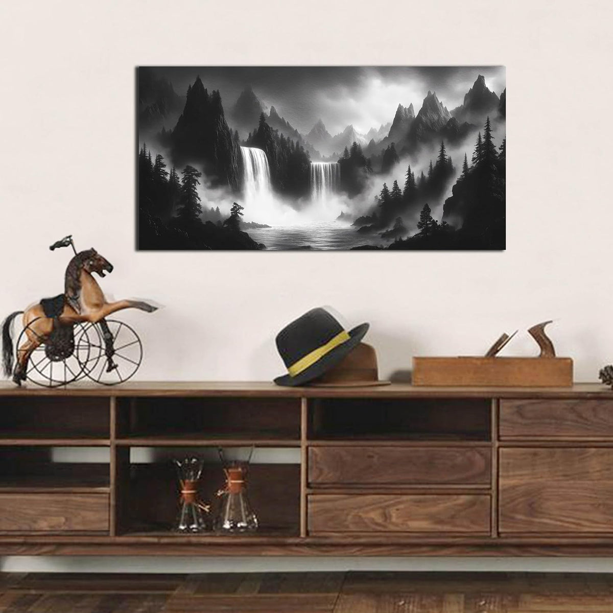 Mountain Wall Pictures for Living Room Decor - Black and White Wall Art Bedroom - Waterfall Canvas