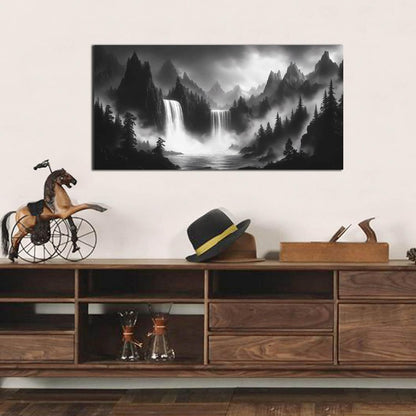 Mountain Wall Pictures for Living Room Decor - Black and White Wall Art Bedroom - Waterfall Canvas
