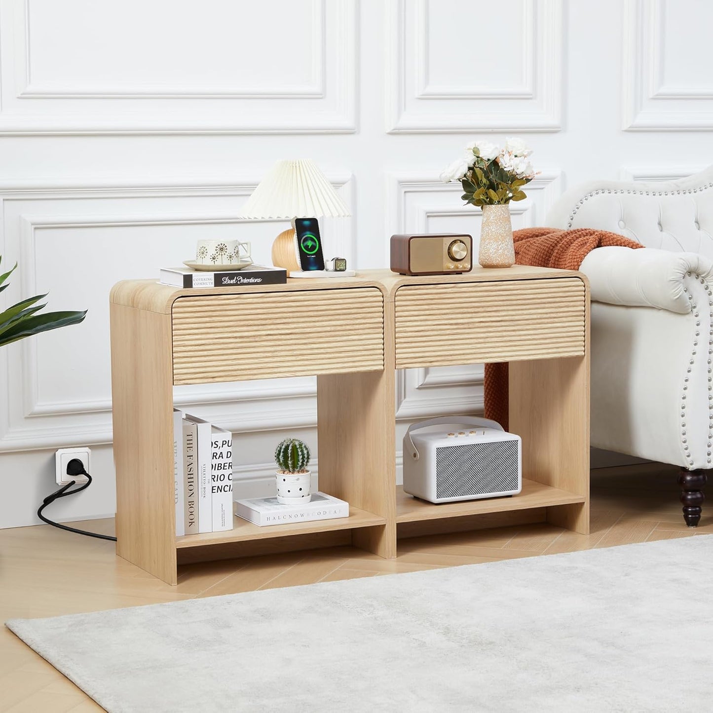 Fluted Nightstand Set of 2 with Charging Station, Modern Bed Side Table End Table with Drawer