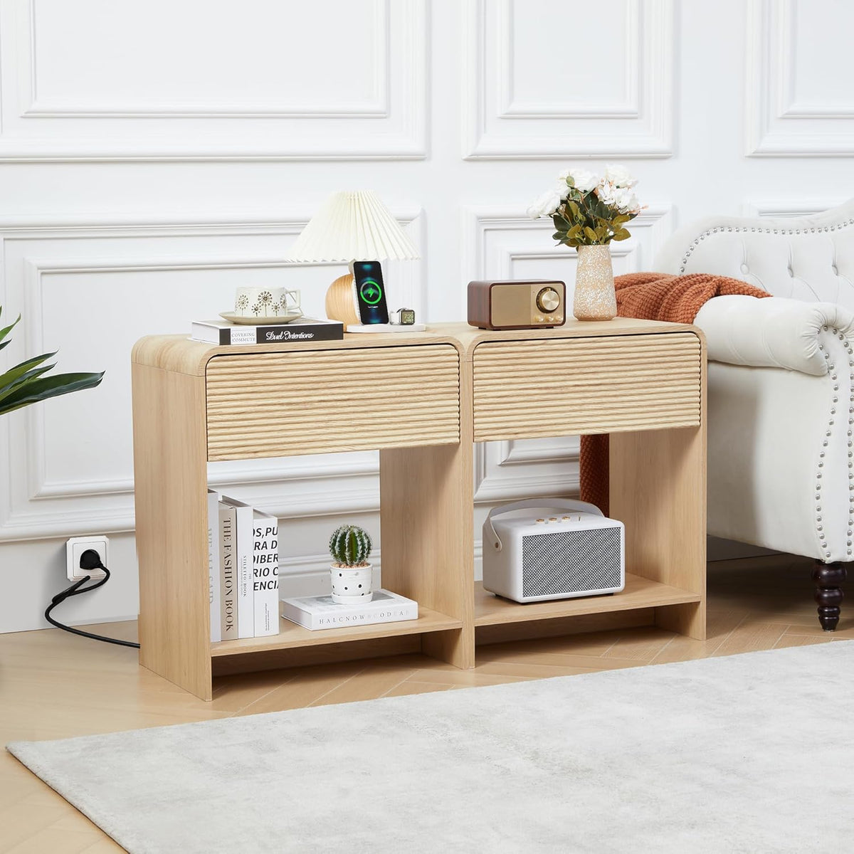 Fluted Nightstand Set of 2 with Charging Station, Modern Bed Side Table End Table with Drawer