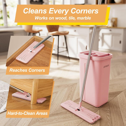 JOYMOOP Pink Mop and Bucket with Wringer Set for Home, with 5 Reusable Microfiber Mop Pads