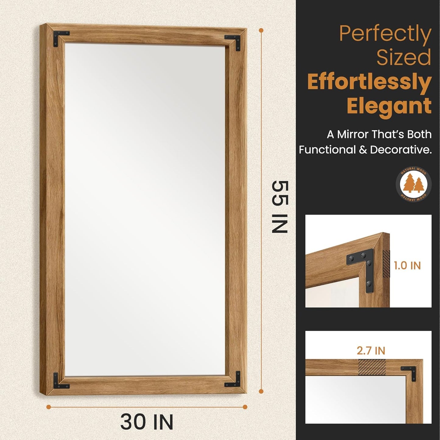 Full Length Mirror with Wooden Frame, 55"X30" Solid Wood Standing Floor Mirror for Farmhouse