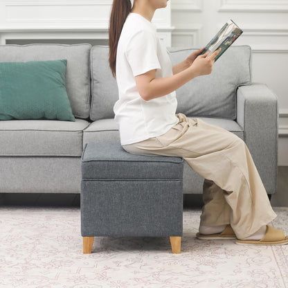 Adeco 17.5" Square Fabric Ottoman with Storage, Upholstered Cotton Linen Foot Rest, Flip Top