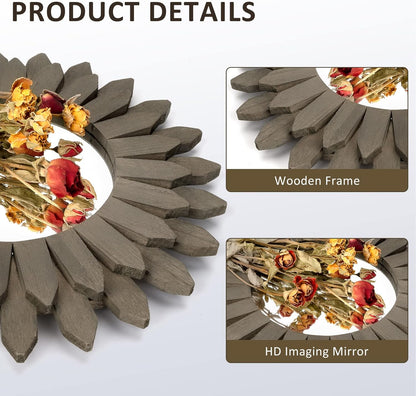 Honiway Farmhouse Wall Decor Mirror 12 inch Sunburst Boho Wood Mirror Rustic Home Decor Room