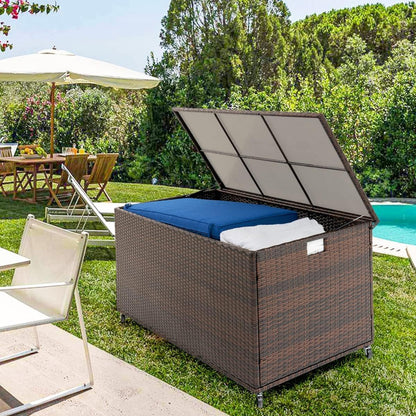 Outdoor 170 Gallon Water-Resistant Wicker Storage Box with Wheels, PE Rattan Deck Box with