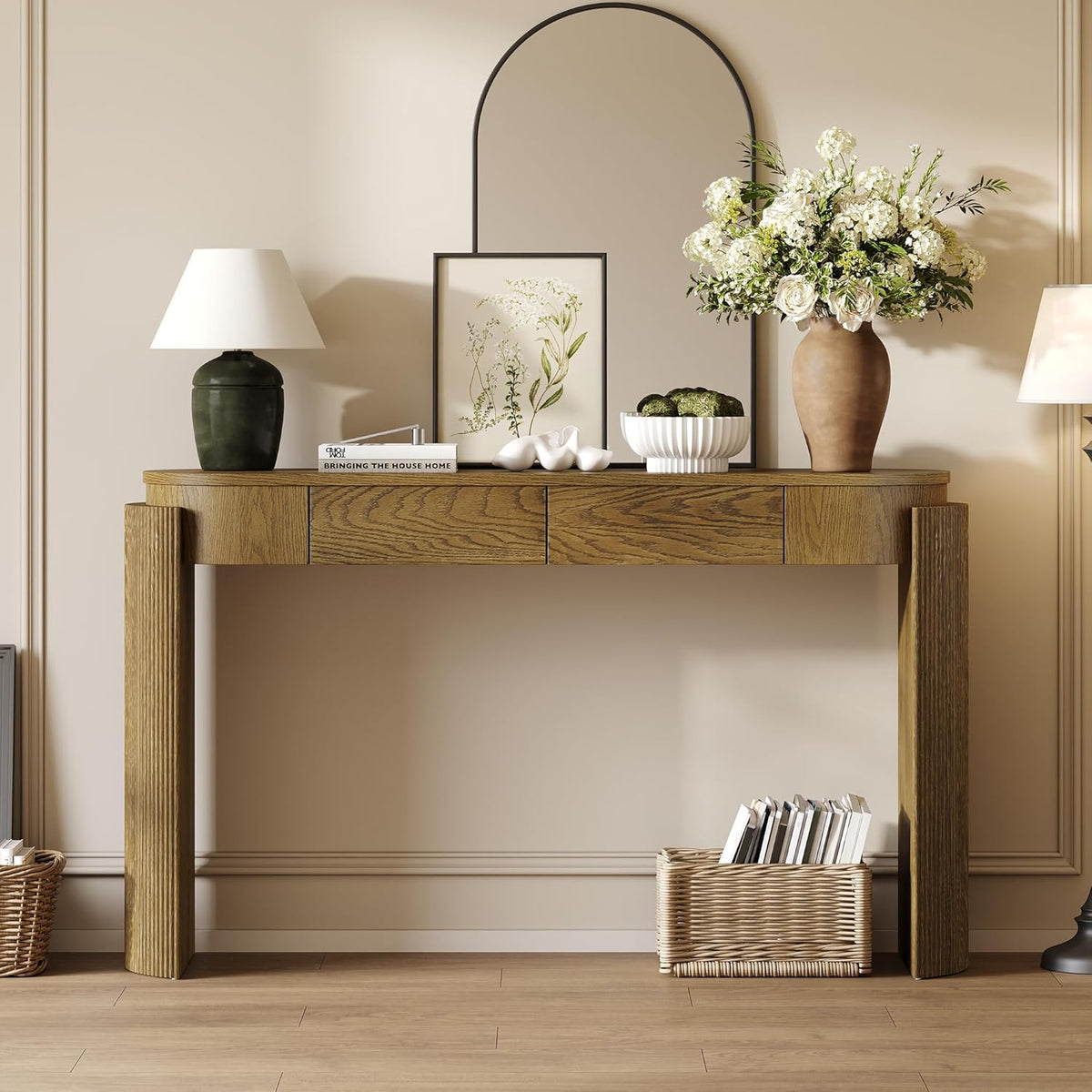 55" Sofa Table with Oval Top and 2 Drawers, Entryway Console Table with Fluted Design for