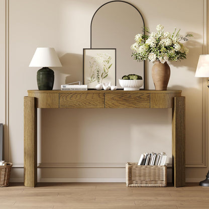 55" Sofa Table with Oval Top and 2 Drawers, Entryway Console Table with Fluted Design for