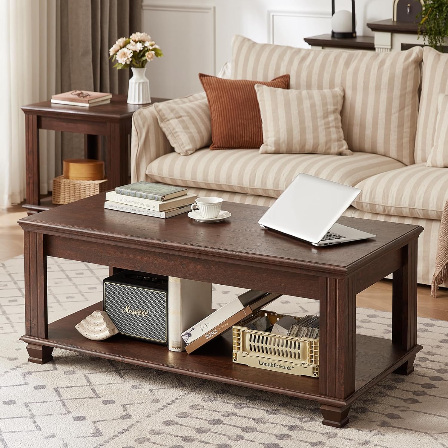 Farmhouse Coffee Tables for Living Room,Square Living Room Tables with Open Storage Shelf,Large